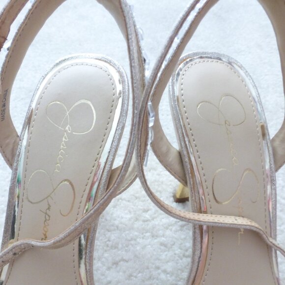 JESSICA SIMPSON shimmery gold single strap heels with crystal bead accets - Picture 9 of 11